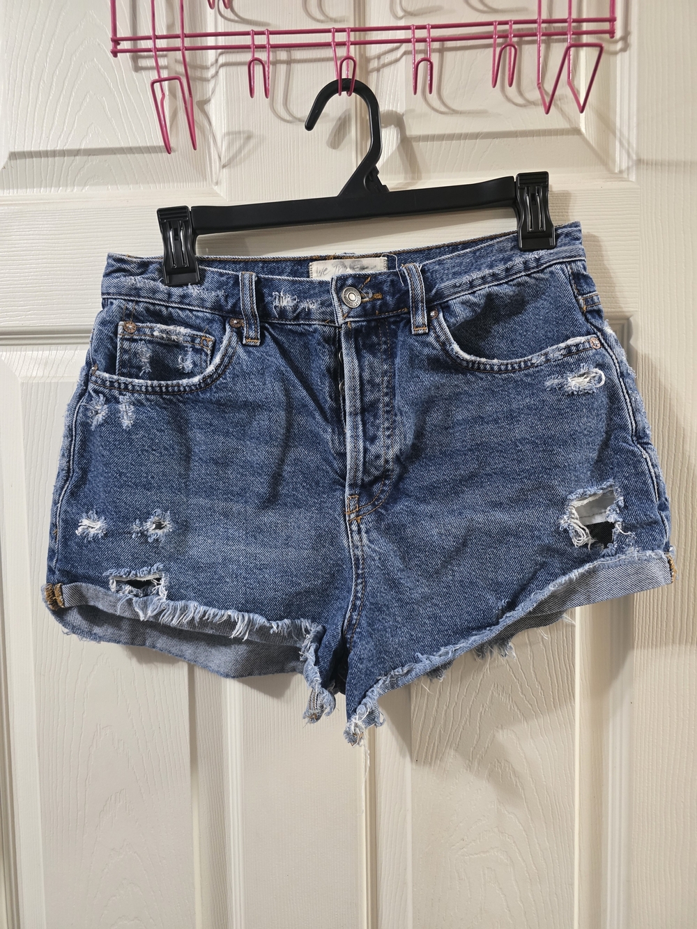 We The Free Blue Distressed High-Rise Denim Shorts